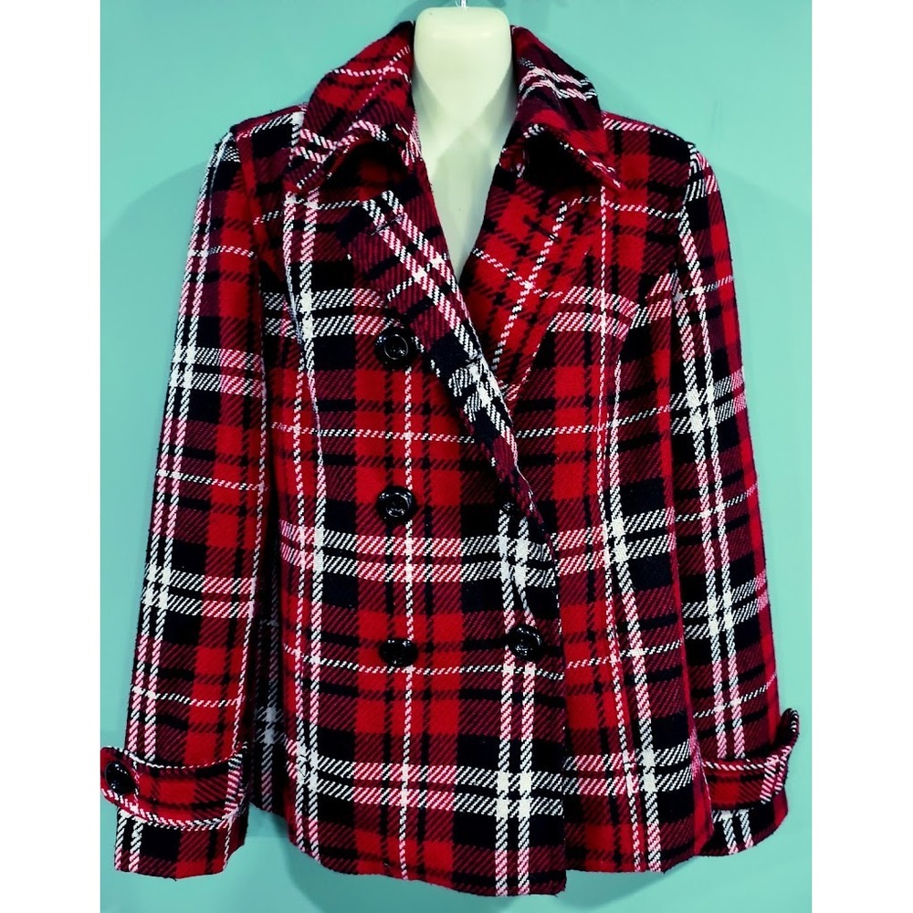 Dressbarn Women's Plaid Double Breasted Coat Red Black White Tartan Size‎ Medium